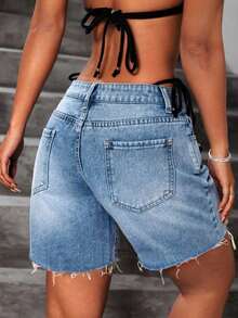 Women's Summer Washed Denim Shorts, Distressed Fringe Asymmetric Waist Design, Casual Streetwear Style, Y2K Sexy Look, Suitable For Dates, Beach And Daily Wear - Màu xanh lam - Xem 3