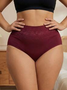 Plus Size Women's Lace Trim High Waist Panties, Soft Breathable Comfortable Basic Style, Curve Fitting, Non-Constrictive, Suitable For Daily Casual Wear, Burgundy - Burgundy - View 2