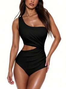 Swim 1 pieza Traje de baño de una pieza para mujer con diseño calado y fruncido en color liso - Negro - Ver 4