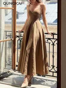 Vestido midi elegante de mujer con cuello en V, vestido de tirantes de mezcla de lino con corte evasé y espalda descubierta, adecuado para vacaciones, playa, boda, fiesta de cóctel - Marrón - Ver 1
