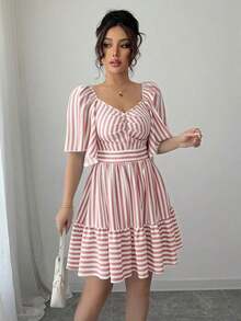 Elenzya Vestido de primavera y verano de talla media con rayas azules y blancas, manga corta, elegante y casual, con cintura ajustada para mujeres - Rosa - Ver 6
