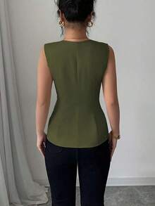 Blusa elegante de mujer con cuello cuadrado sin mangas, decoración con bolsillo falso, camisa ajustada de oficina, primavera/verano - Verde militar - Ver 2