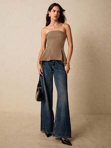 Blusa minimalista lisa para mujer, ropa occidental para mujer, blusas para salir para mujer, estilo Y2K, para conciertos, adecuada para uso diario, calle, citas, ir al trabajo y otras ocasiones - Caqui - Ver 2