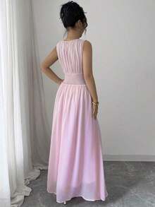 Vestido maxi casual, romántico, vintage y elegante de gasa para mujer con cordón en la cintura, para la playa, el té de la tarde, fiestas de noche, uso diario, sin mangas, de unicolor, vestido largo, primavera/verano - Rosa - Ver 2