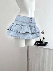 Falda de mezclilla de moda para mujer con diseño de cintura con botones y dobladillo con doble volante - Lavado ligero - Ver 8