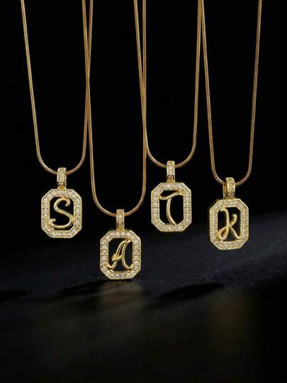 1pc English Initial Letter Pendant Necklace Stainless Steel Chain Cubic Decor Square-Shaped Hollow With The Alphabet Inside Necklace For Girls Kids Family Friends Mom Mother's Day Birthday Festival Anniversary Jewelry Accessory Gift For Everyday Wear