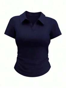 Camiseta de manga corta minimalista de unicolor para mujer, uso casual de todos los días - Azul marino - Ver 1