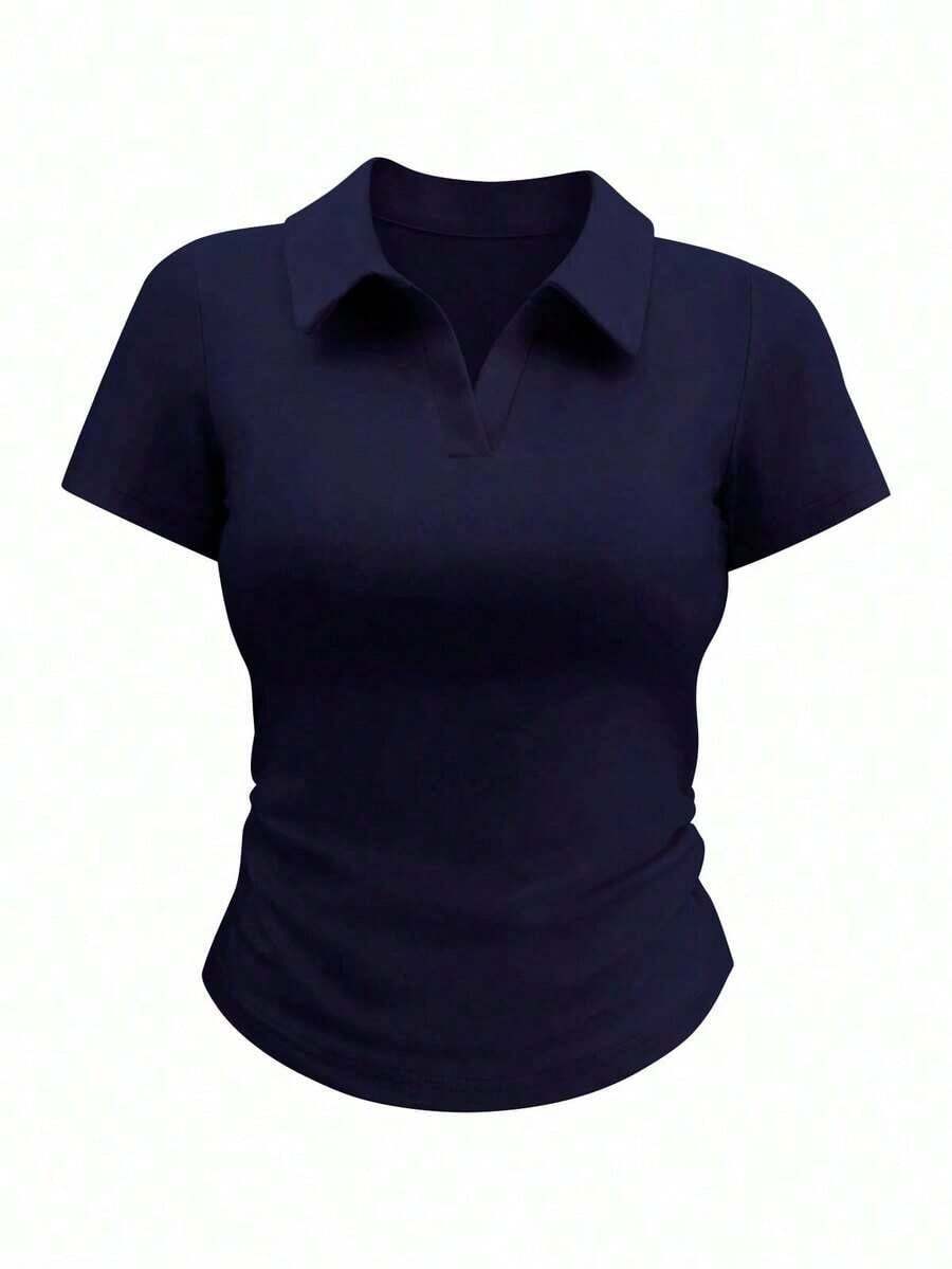 Camiseta de manga corta minimalista de unicolor para mujer, uso casual de todos los días - Azul marino - Ver 1