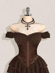 Vestido corto de gasa con volantes en el hombro, cintura fruncida y estampado jacquard para mujer, elegante para fiestas y uso casual - Marrón - Ver 6