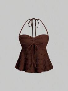 Tops halter con cordón en el busto de color sólido, estilo Y2K para mujeres - Café integral - Ver 1