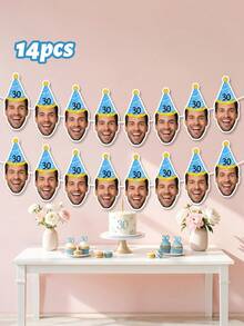 7/14/21pcs Custom Photo Face Bunting Banner, Personalized Age Party Hat Garland, Milestone Birthday Decor, Funny Party Photo Booth Prop, Birthday Keepsake Banner, Graduation Gift - Multicolor - View 9