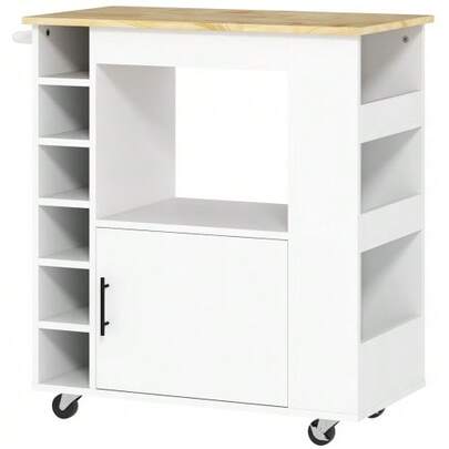 Kitchen Trolley/Service Trolley With Countertop, Shelves, Bottle Rack, Kitchen Cabinet/Rolling Trolley With Soft-Close Hinges, Handle, Kitchen Island For Office, 83x40x83cm, Oak
