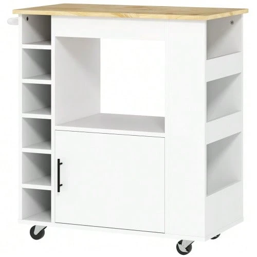 Kitchen Trolley/Service Trolley With Countertop, Shelves, Bottle Rack, Kitchen Cabinet/Rolling Trolley With Soft-Close Hinges, Handle, Kitchen Island For Office, 83x40x83cm, Oak - White - View 1