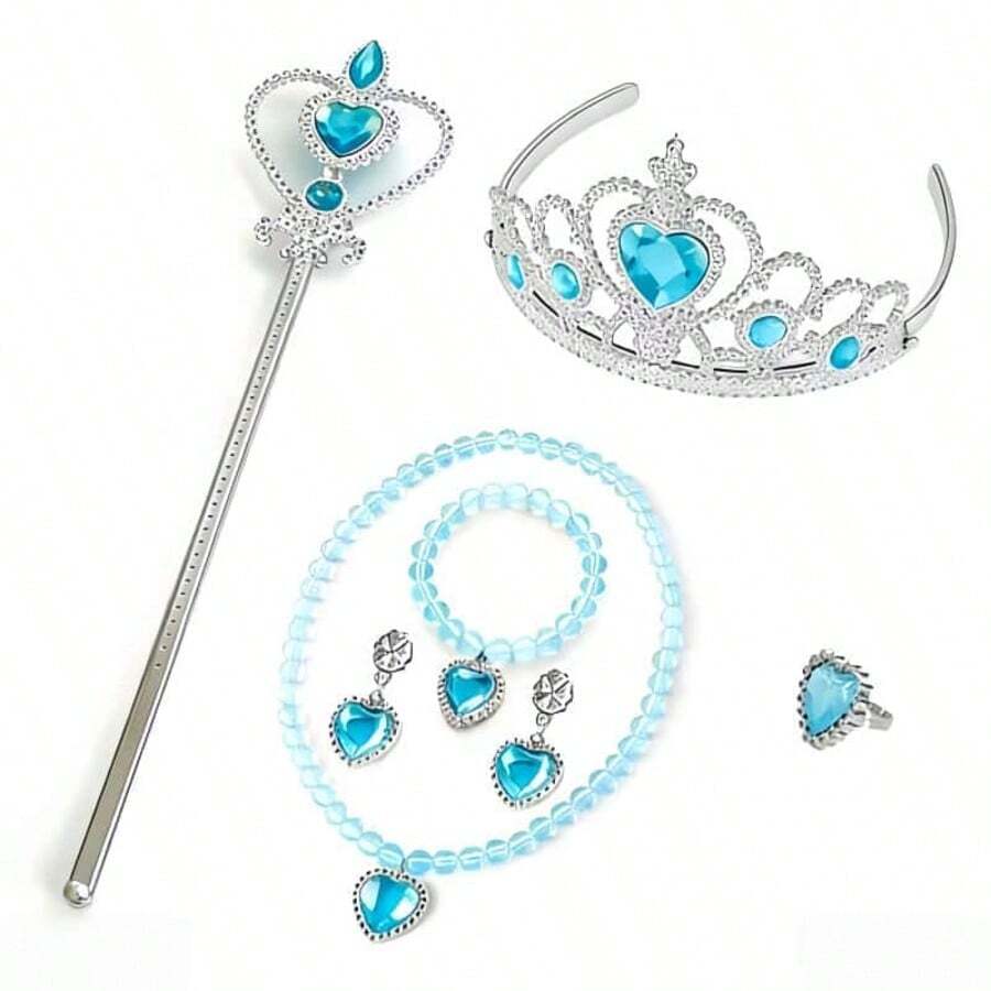 Bộ 6 món gồm vòng cổ, vòng tay, bông tai và nhẫn hình vương miện ma thuật, vương miện hình trái tim dễ thương bằng nhựa ABS, phụ kiện hóa trang cho Halloween, Giáng sinh, tiệc sinh nhật. - Màu xanh nhạt - Xem 1