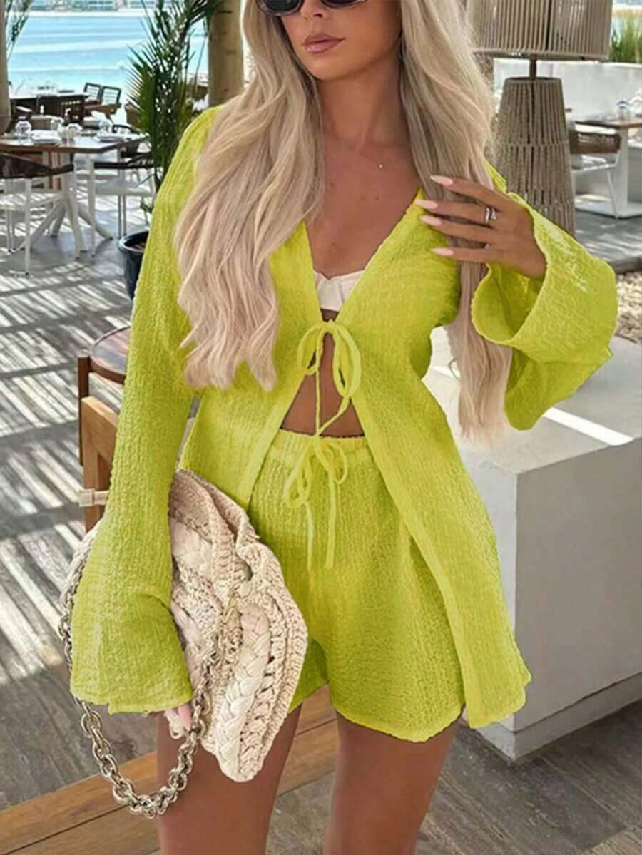 Conjunto de 2 piezas de unicolor minimalista y casual para vacaciones, color blanco, primavera - Verde lima - Ver 1