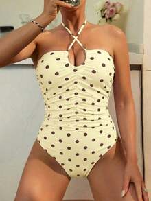 Traje de baño de una pieza con volantes y lunares negros para mujer, ideal para vacaciones en la playa, de la marca Swim Chiccia, sexy y con lazo. - Azul cielo - Ver 7