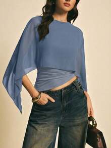 uello chal marrón para mujer, blusas elegantes para mujer, blusas casuales para mujer, apropiada para uso diario, salir, ir y venir en otoño/invierno, blusa de manga de murciélago, blusa marrón café, blusa marrón oscuro - Niebla azul - Ver 1