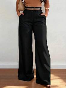 Pantalones casuales de cintura alta y pierna recta de moda para mujer, color negro - Negro - Ver 3
