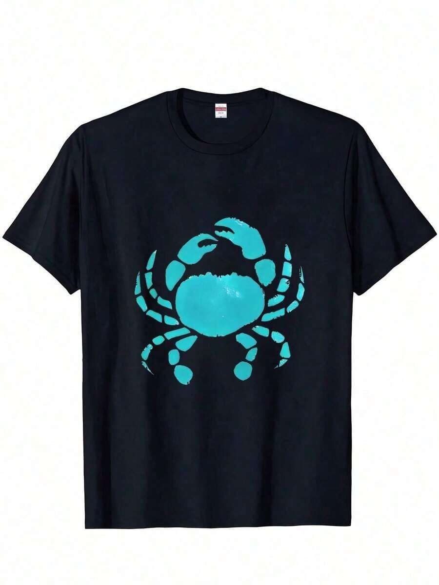 1 pieza de camiseta casual de regalo de Pascua con diseño de cangrejo, mangas cortas, perfecta para salidas, fiestas y viajes (pieza única, material: 100% algodón) 180g 100% algodón, los diseños están impresos. Unisexo. - Negro - Ver 1