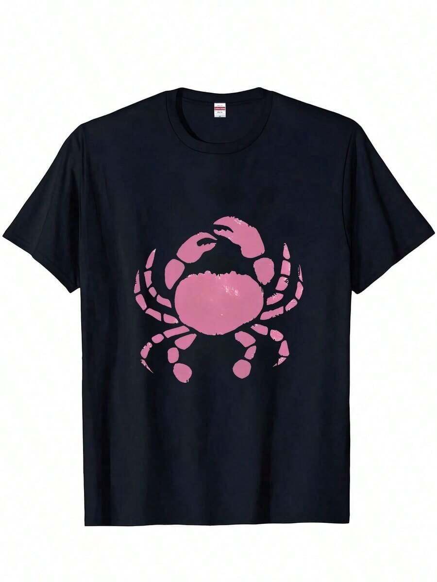 1 Piece Of Easter Gift Casual T-Shirt With Crab Design, Short Sleeves, Perfect For Outings, Parties And Travel (Single Piece, Material: 100% Cotton) 180g 100% Cotton, Designs Are Printed. Unisex. - 黑3 - 查看 1