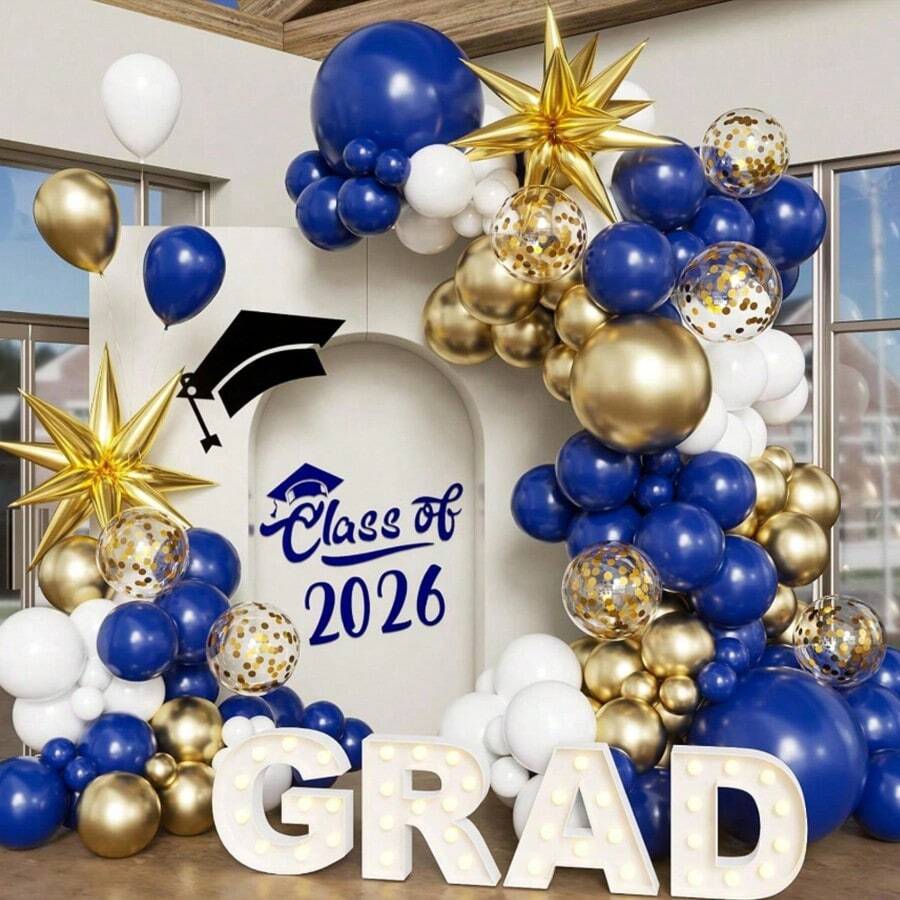 Kit de guirnalda de arco de globos con baño de oro blanco y azul marino 115 piezas, confeti de estrellas de papel de aluminio, globos de látex para decoración de fiesta de graduación 2026 ideal para ceremonia de graduación de escuela secundaria, universidad, aula, decoración de pared del hogar, celebración de la clase graduada - multicolor - Ver 1