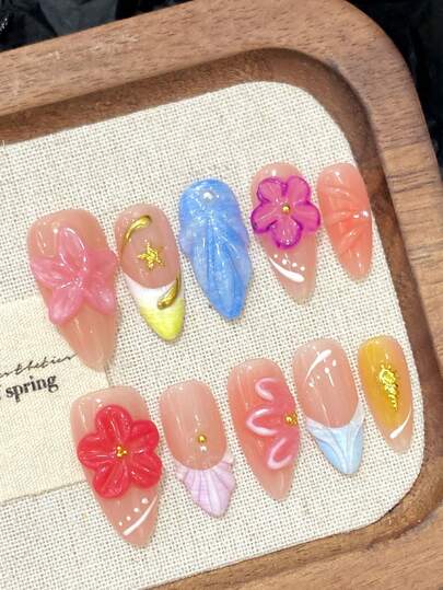 10pcs/Set Press On Nail Tips, European And American Style, Clear And Transparent Floral, Carved, Gradient, French Style, Ice Transparent, High End Feel, High End Handcrafted Wearable Nails.