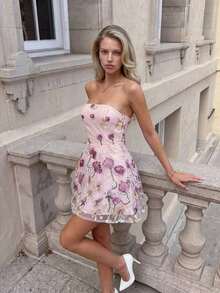 Charm Vestido con tirantes de mujer con bordado, vestido romántico para vacaciones y fiesta de boda, vestido rosa - Rosa - Ver 3