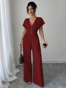 Mono elegante de pierna ancha de unicolor con cuello en V profundo y fruncido para mujer - Burdeos - Ver 5