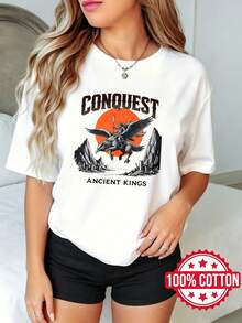 Women's Short-Sleeved T-Shirt With Round Neck And Print, Summer Conquest Ancient Kings Dragon Sunset Mountains S-3XL 100% Cotton Material - 白色 - 查看 1