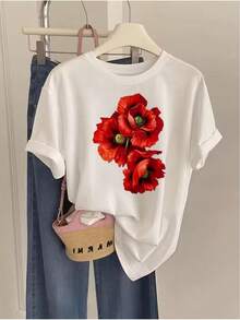 Basic T-Shirt With Red Floral Print, Loose And Comfortable. - White - View 6