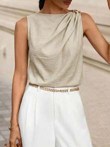 Blusa de satén sin mangas con pliegues para mujer - Albaricoque - Ver 6