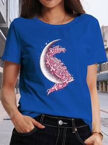 Camiseta de manga corta con estampado de diseño clásico de cinta rosa, luna, esperanza y corazón, ropa de mujer, ropa de verano para mujer, blusas de primavera-verano para mujer, adecuada para ir de compras, para el hogar y el ocio, y para el estilo de vacaciones. Éxito de . - Azul - Ver 6