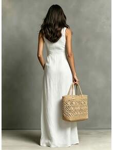 Nuevo 2026 Vestido Largo Casual Mujer Verano Lino Color Sólido Cuello Solapa Sin Mangas - Blanco - Ver 2