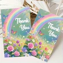 25/50pcs Fresh Rainbow Floral Thank You Cards,Fresh Healing Rainbow, Butterfly And Flowers Design,Suitable For Wedding, Baby Shower, Business, Bridal Shower, Decoration, Festivals, Gifting - View 2
