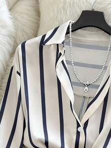 Camisa a rayas y falda pantalón plisada asimétrica, elegante conjunto de 2 piezas para mujer - Azul marino 2 - Ver 3
