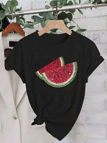 Solt Camiseta Casual de Manga Corta para Mujer con Estampado de Sandía Brillante - Top Redondo Elástico, Lavable a Máquina Ajuste Cómodo Todo el Año, Atuendo Deportivo, Tela No Transparente graphic - Negro - Ver 8