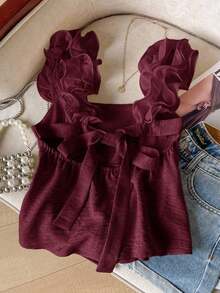 Frenchy Camiseta de tirantes de mujer con volantes de unicolor y parches, con detalle de nudo en la espalda - Burdeos - Ver 6