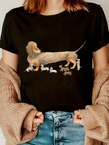 1 Camiseta Casual de Mujer con Estampado de Perro Salchicha - Cuello Redondo, Manga Corta, Tejido Elástico, Diseño Minimalista de Dibujos Animados, Perfectara Usar en Verano o como Regalo, Idea de Regalo Camiseta Diseño de Perro de Dibujos Animados Elástica Casual ligera de manga cortara uso diario de mujeres (L) - Negro - Ver 2