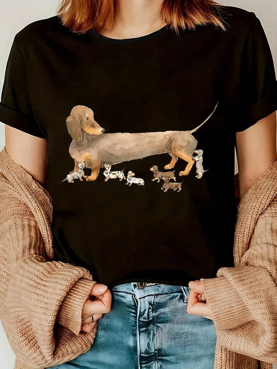 1 Camiseta Casual de Mujer con Estampado de Perro Salchicha - Cuello Redondo, Manga Corta, Tejido Elástico, Diseño Minimalista de Dibujos Animados, Perfectara Usar en Verano o como Regalo, Idea de Regalo Camiseta Diseño de Perro de Dibujos Animados Elástica Casual ligera de manga cortara uso diario de mujeres (L)