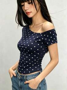 Camiseta casual de mujer con cuello asimétrico y decoración de cuentas, para verano - Azul marino - Ver 4