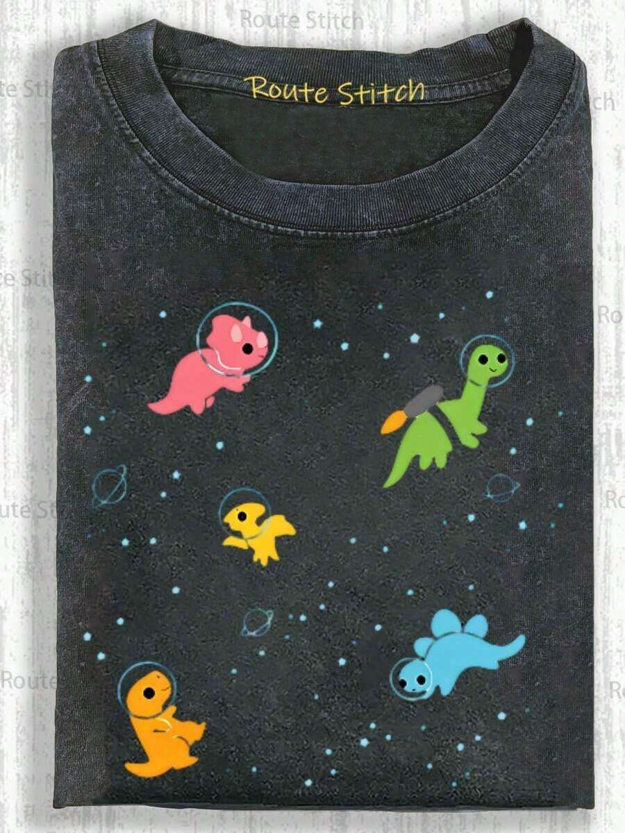 Washed T-Shirt | Cosmic Dinosaur Party Print T-Shirts, High Quality Vintage Batik Fashion Brand, Unisex, Crew Neck, Short Sleeve, Perfect For Everyday Wear And Christmas Gifts, Summer Clothes For Women, Blouses For Women - 黑色 - 查看 1