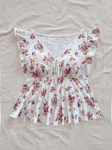 Camiseta de mujer con patrón de flores pequeñas sobre telas texturizadas, cuello en V con nudo delantero, para vacaciones de verano, tiempo libre y vuelta al colegio - Multicolor - Ver 6