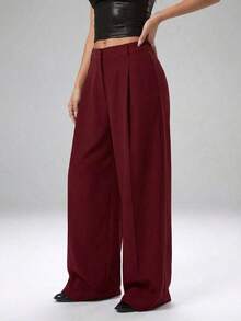 Pantalones casuales y versátiles de cintura alta con pierna ancha de unicolor - Burdeos - Ver 4
