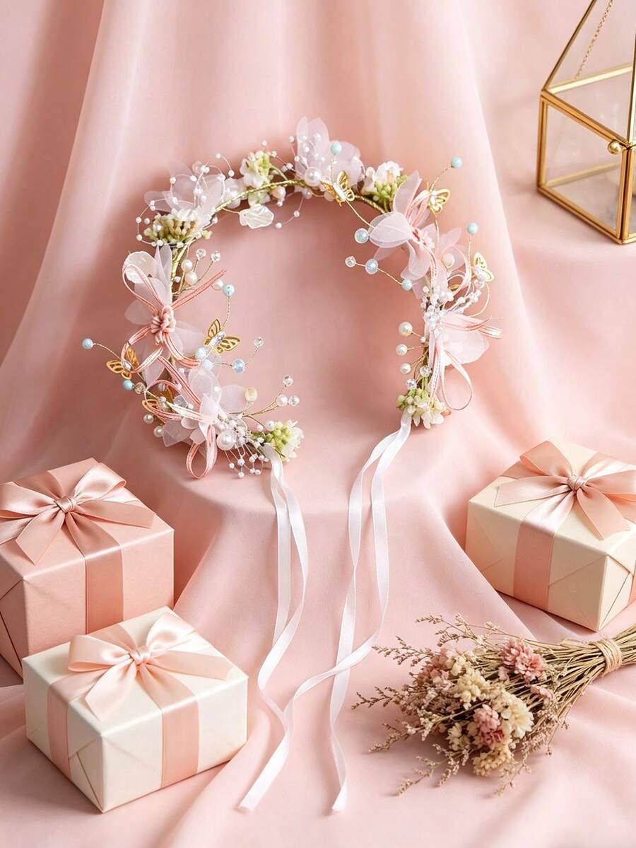 2 Sets Of Bridal Headband - Korean-Style Ultra-Gorgeous Princess Ethereal Flower Crown Headbands For Performances. These Are Perfect For Birthday Parties, Vacations, Hawaiian Parties, Dates Or Daily Wear. - Pink Hair Accessory - View 1