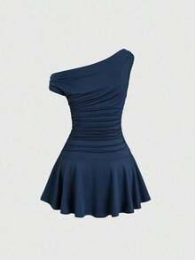Vestido mini de unicolor con cuello asimétrico elegante para uso diario para mujer - Marrón - Ver 2