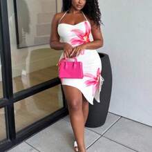 Women's Vacation White Based Pink Floral Romantic Print Asymmetric Hem Halter Bowknot Bodycon Dress, For Beach, Western, Festival, Summer Outfit, Boho,Summer Dresses For Women - Blanco - Ver 1
