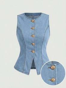 Top de mezclilla sin mangas para mujer, casual de ajuste ceñido y elástico, camiseta de verano, camisetas sin mangas para mujer, ropa de los 90, casual de negocios para mujer, tops de salida para mujer, atuendos de primavera para mujer, tops lin - Lavado ligero - Ver 1