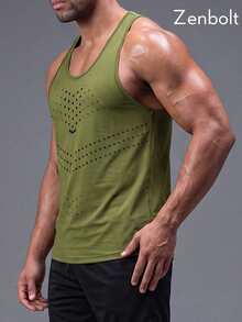 ZULIZ Zenbolt Men's Racerback Sleeveless Tank Top, Featuring Geometric Print Pattern, Classic Casual Fit, Versatile Wear For Gym Training, Sports Activities And Everyday Outings - Olive Green - View 3