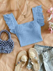 Elegante top corto de mujer de punto con plisados, adornos de encaje floral y diseño ideal para vacaciones - Azul - Ver 4