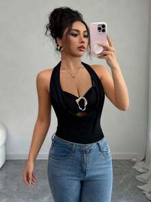 Camiseta de tirantes ajustada con cuello drapeado elegante de color negro, diseño fruncido y decoración metálica, para primavera/verano - Negro - Ver 5